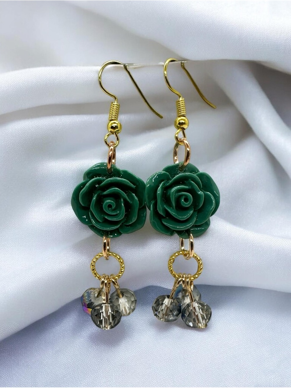 Green Rose Flower Earrings with Crystal Beads, Gold-Tone Handmade Jewelry